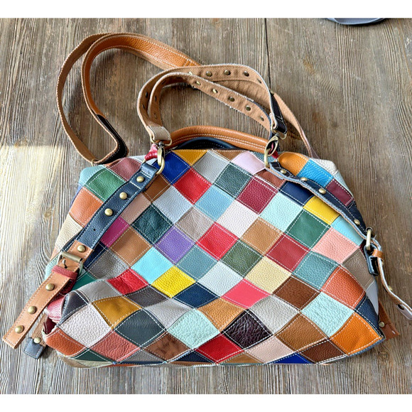 Genuine Leather Color Purse bohemian Handbag duffle studded patchwork quilt tote - Picture 2 of 9